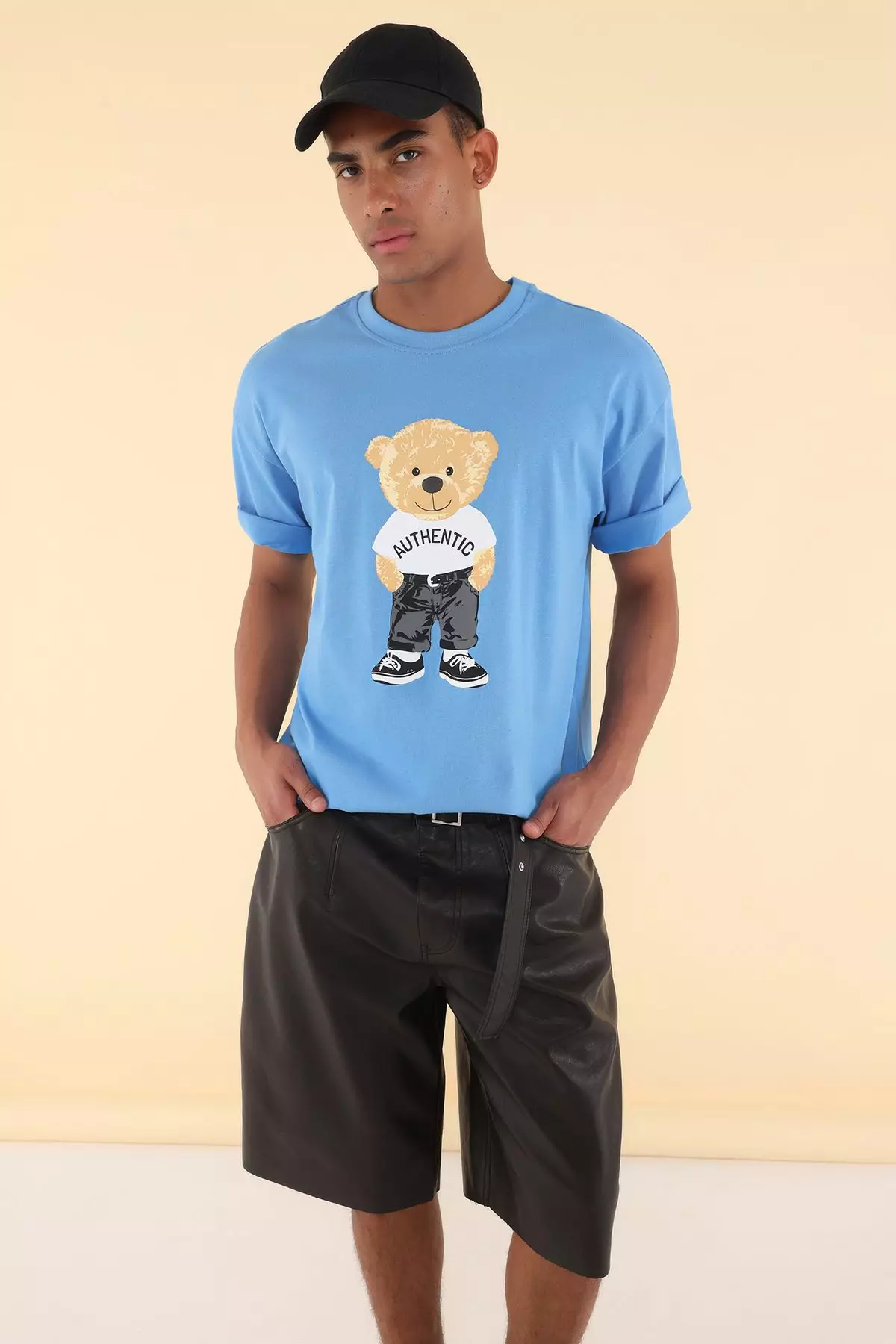 Blue Unisex Oversize/Wide Cut Teddy Bear Printed 100% Cotton T-Shirt TMNSS25TS00158