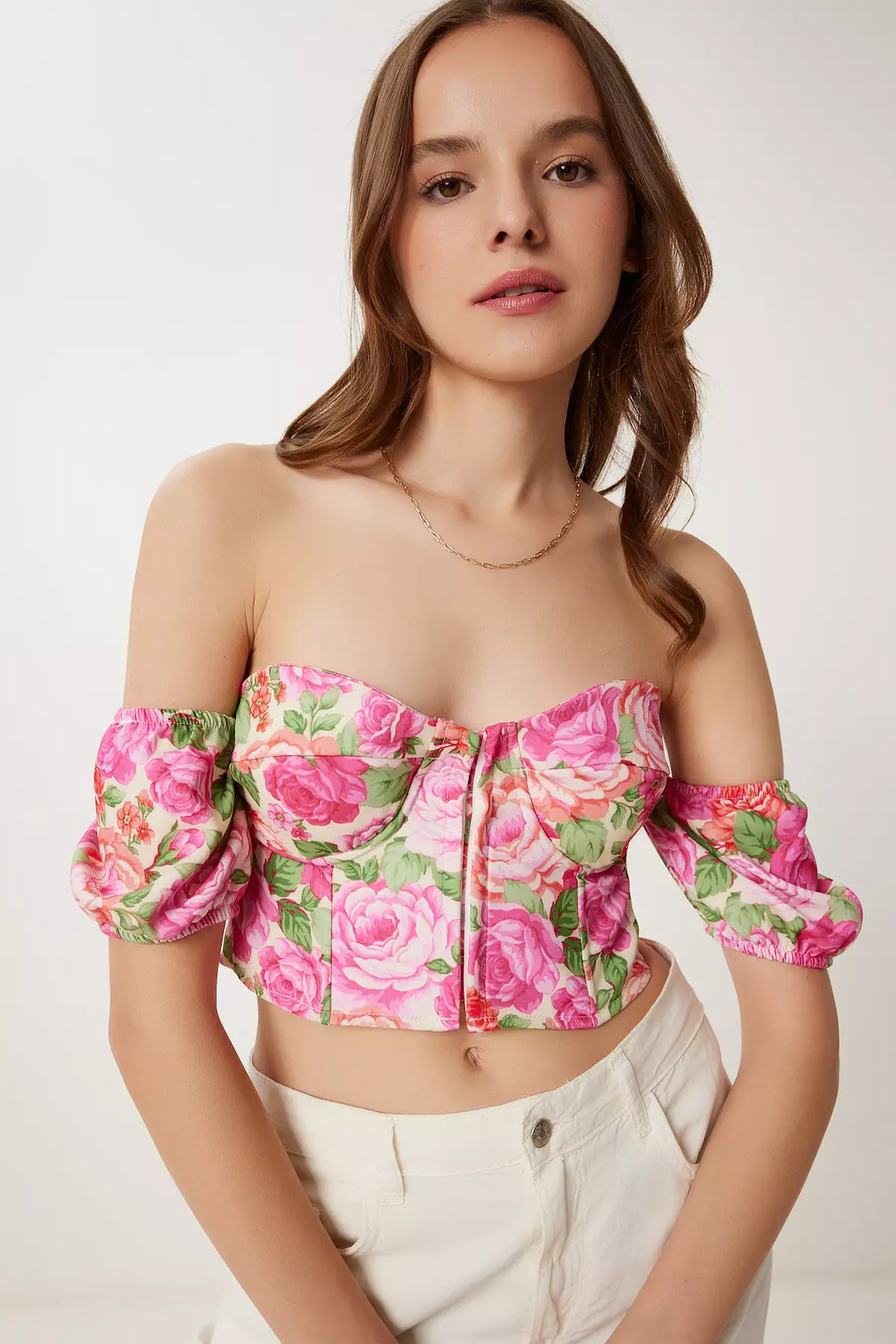 Women's Pink Yellow Patterned Crop Viscose Blouse Cr00510