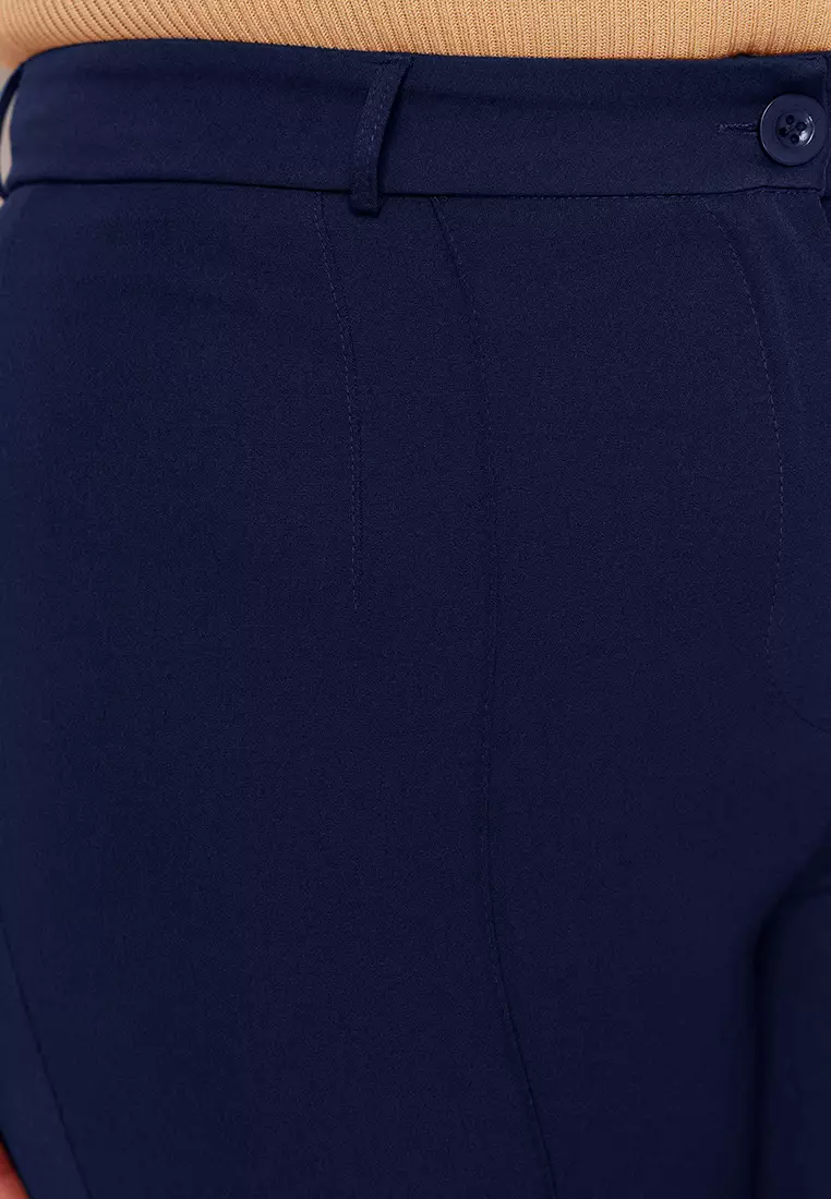 Navy Blue Straight/Straight Cut High Waist Rib Stitching Woven Trousers Tbbss22Pl0301