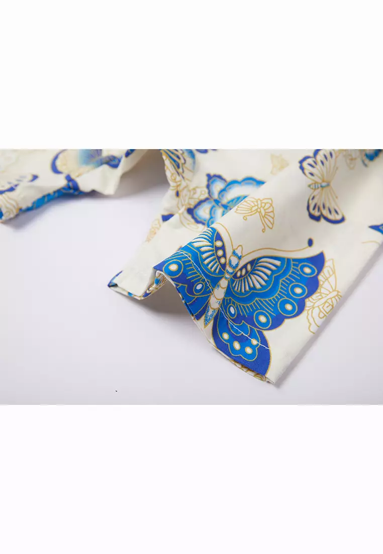 女童藍色蝴蝶漢服唐裝旗袍哈衣連體衣新年拜年衣服