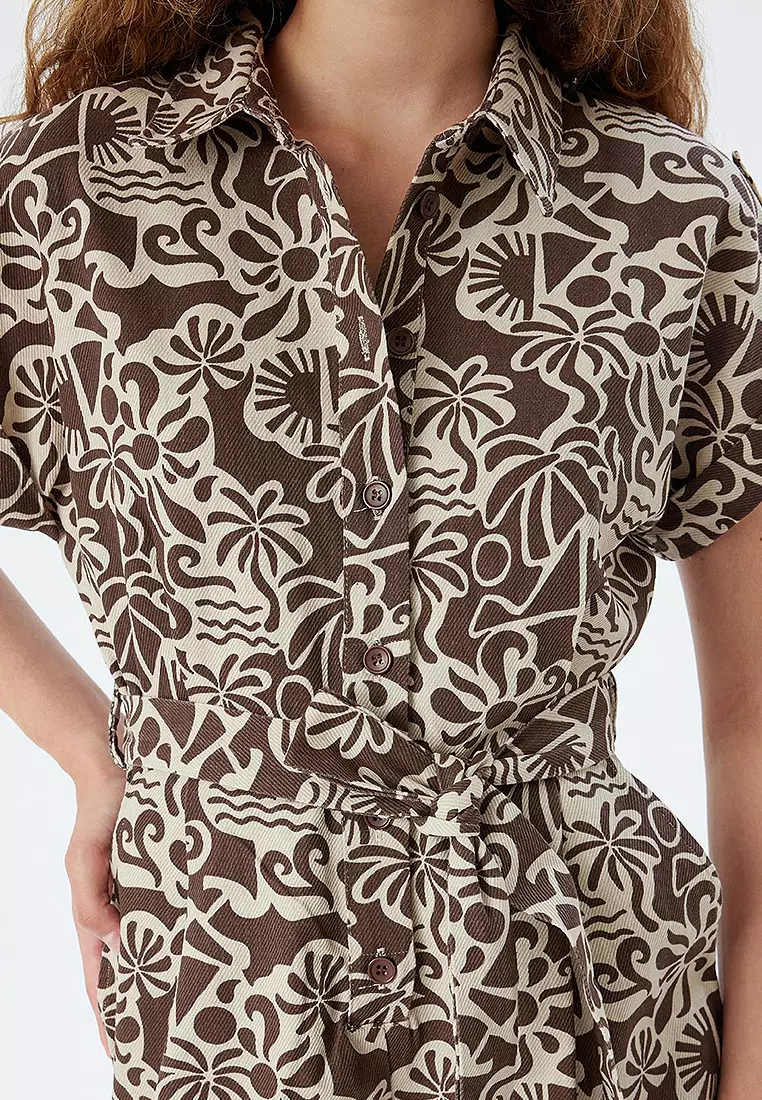 Shorts Jumpsuit Short Sleeve Buttoned Ethnic Patterned Waist Belted Cotton