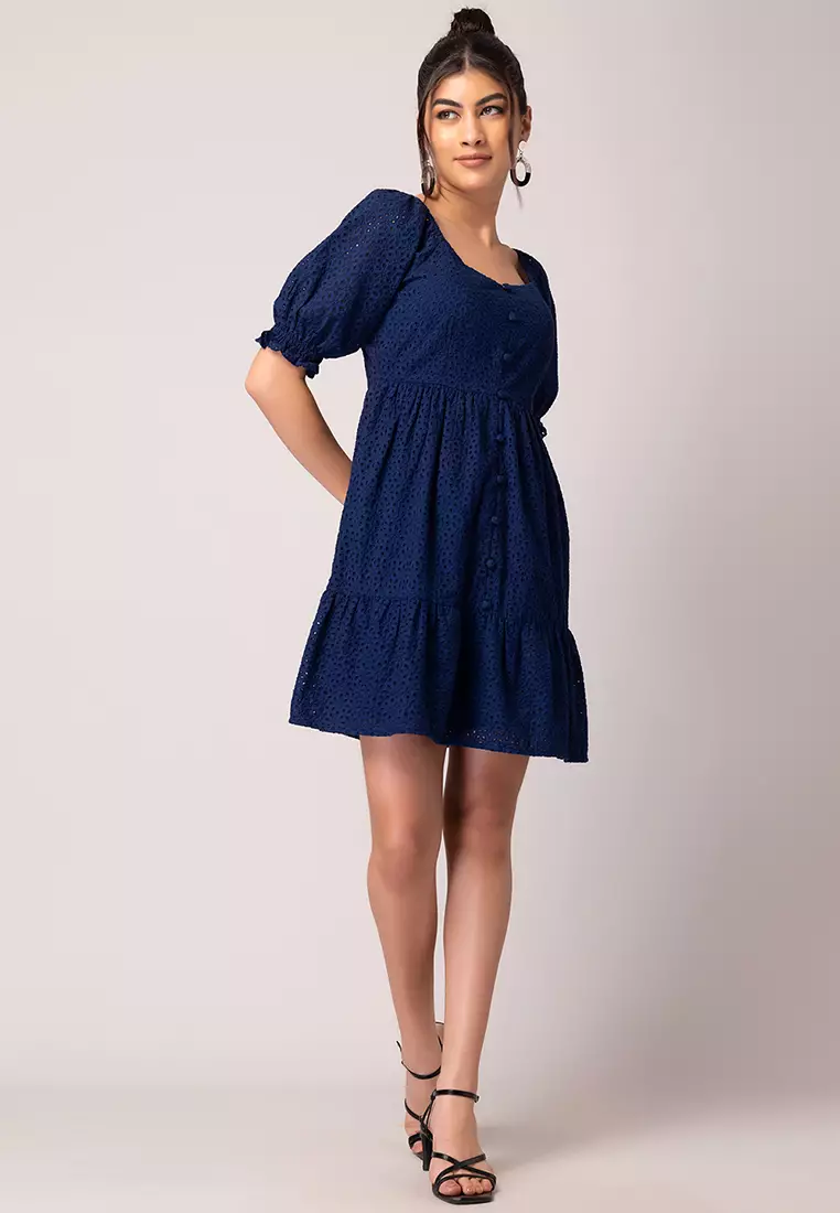 Navy Blue Schiffli Tiered Dress