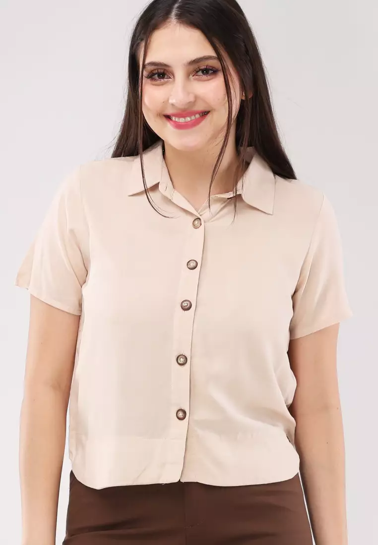 Woven Plain Rayon Short Sleeves Blouse