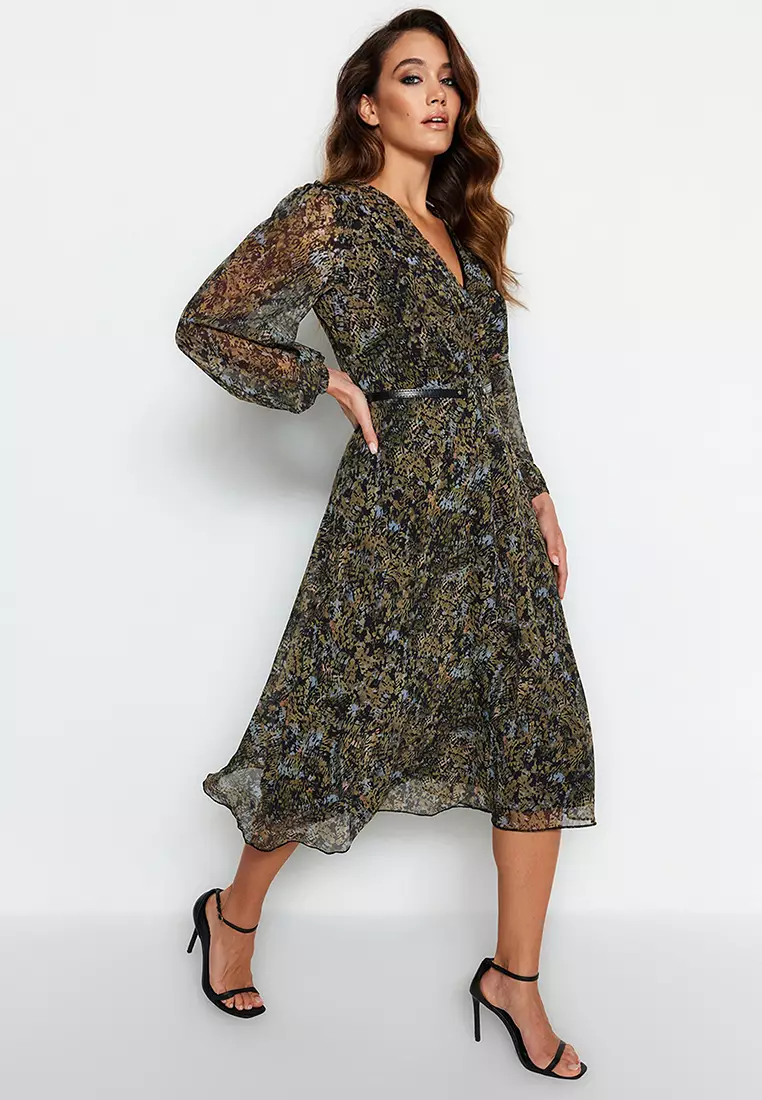 Patterned Chiffon Midi Dress