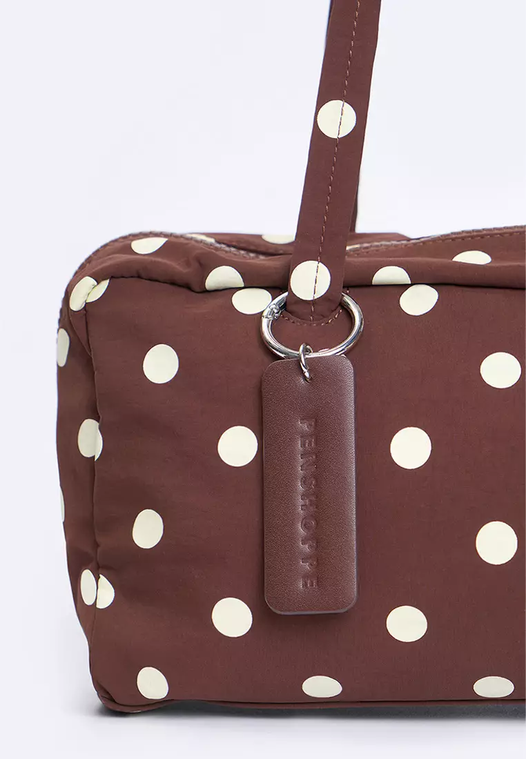 Nylon Polka Dots Bowler Shoulder Bag with Leather Charm