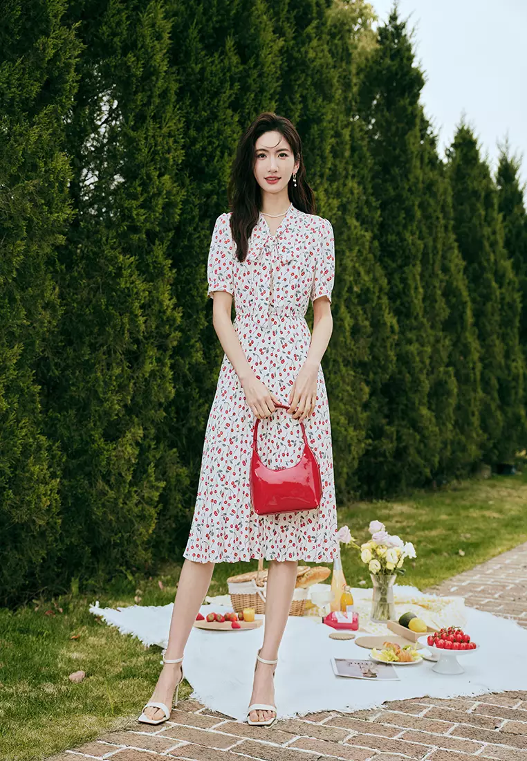 Ribbon Neck Tie Dress with Cherry Print