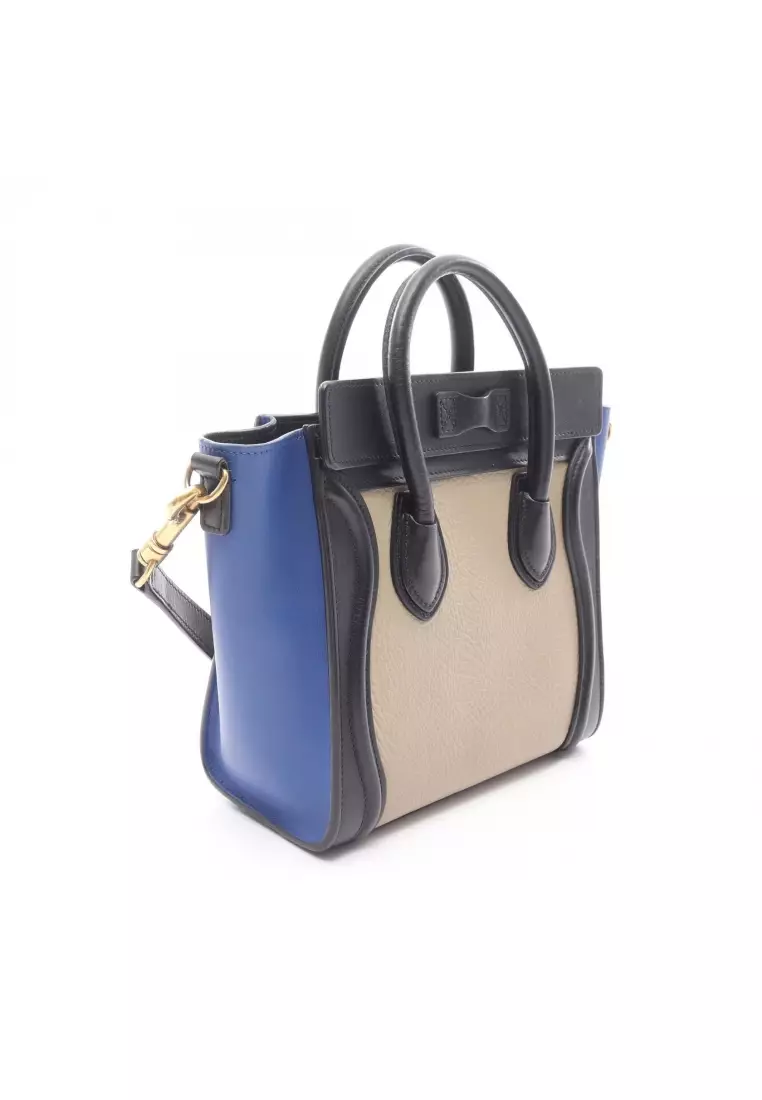Pre-Loved Celine luggage nano shopper Handbag leather beige black blue 2WAY