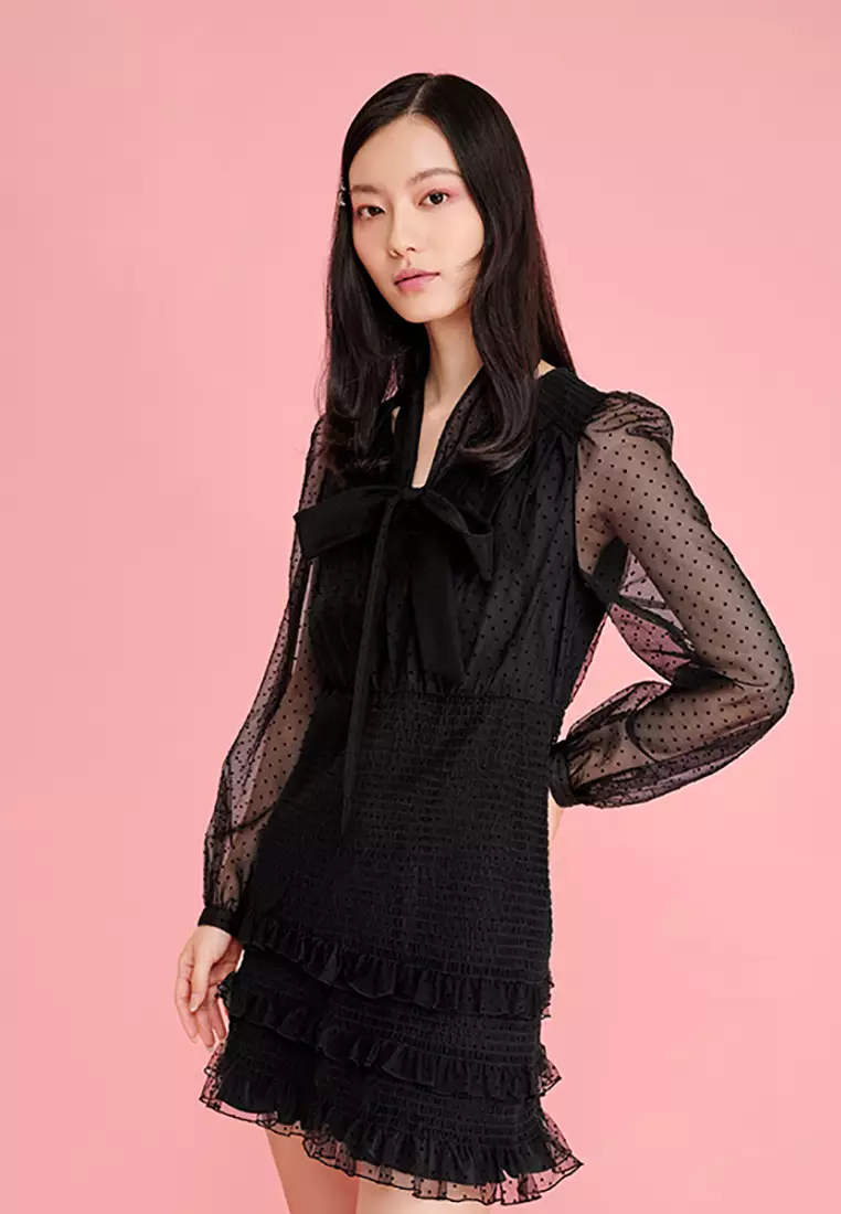 V-Neck Tiered Ruffled Dress with Polka Dot Mesh Sleeve