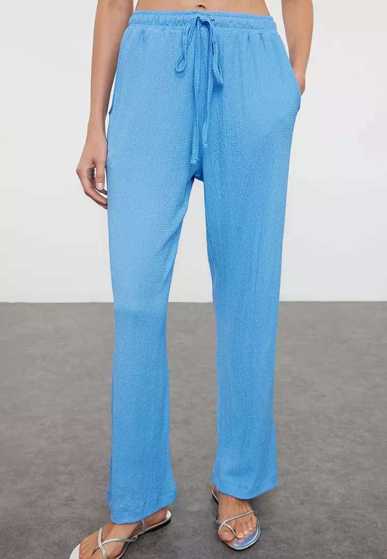 Blue Woven Wrap Kimono Pants Beach Set TBESS23AU00149