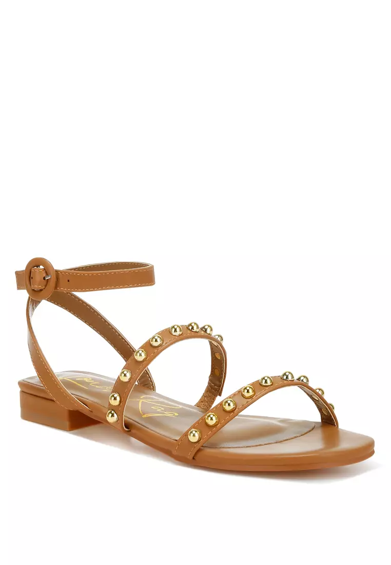 Studded Ankle Strap Flat Sandals in Tan