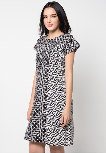 Jual Batik  Aksen Tropis Dress  Lengan Pendek Kombinasi  