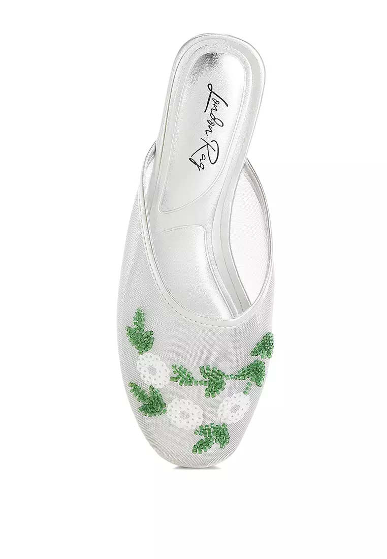 Mesh Sequin Beaded Mules In Silver