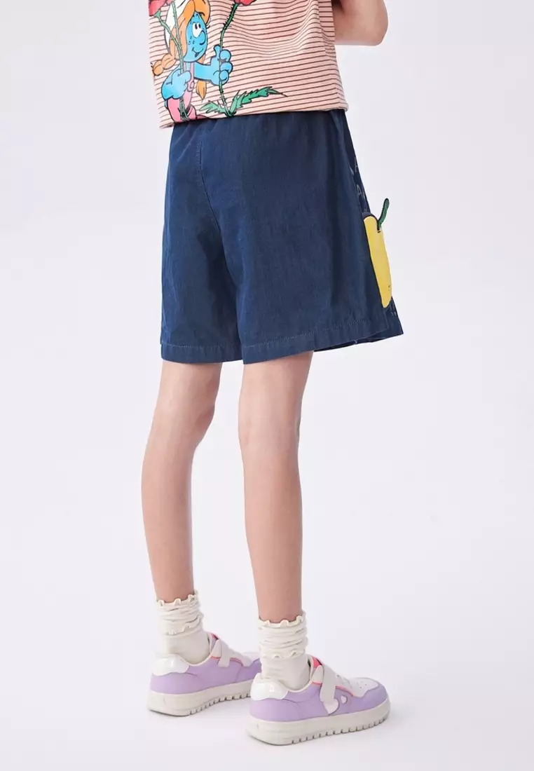 Apple Print Cotton Denim Skirt Short with Pocket