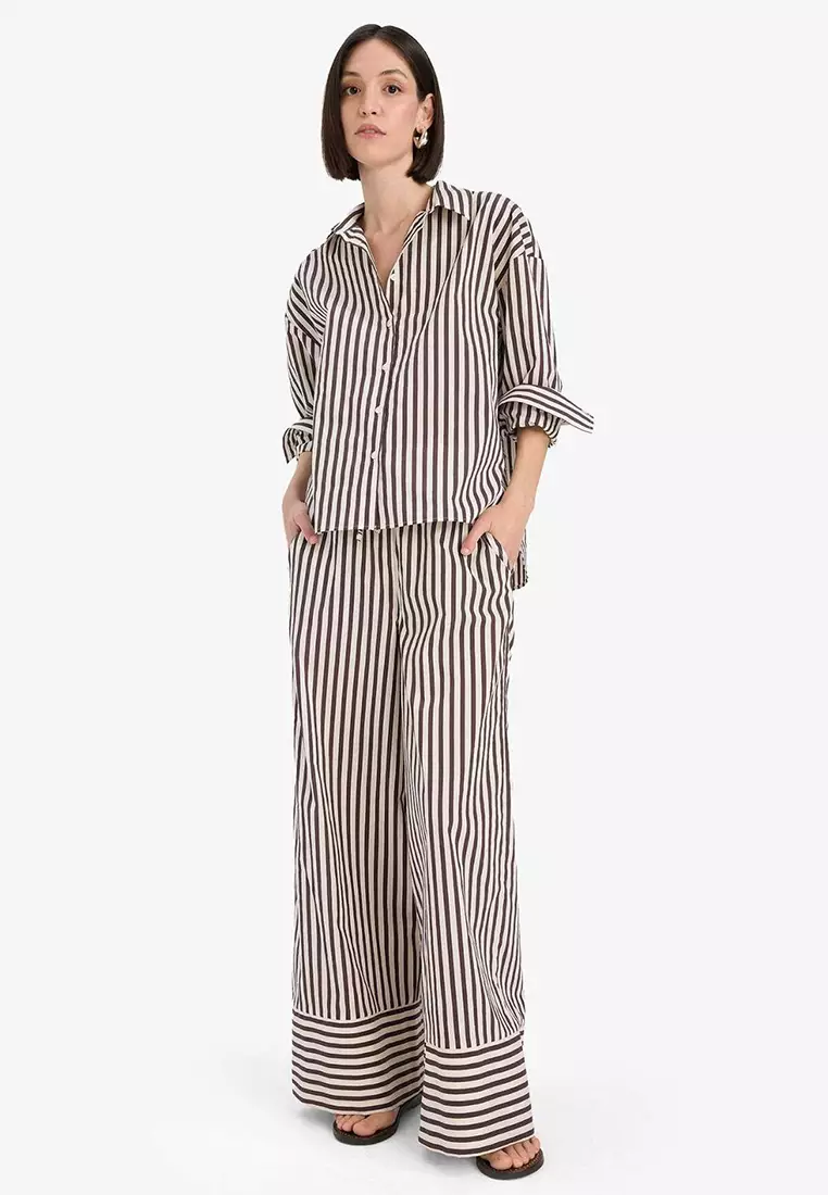 Afra X Defacto Wide Leg Striped Fabric Pants Double Pockets High Waist Wide Leg F0259Ax25Sm