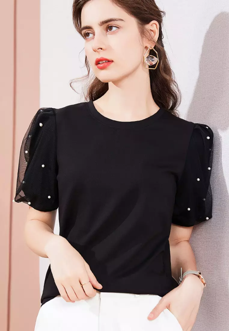 Shirt with mesh puff sleeves deals