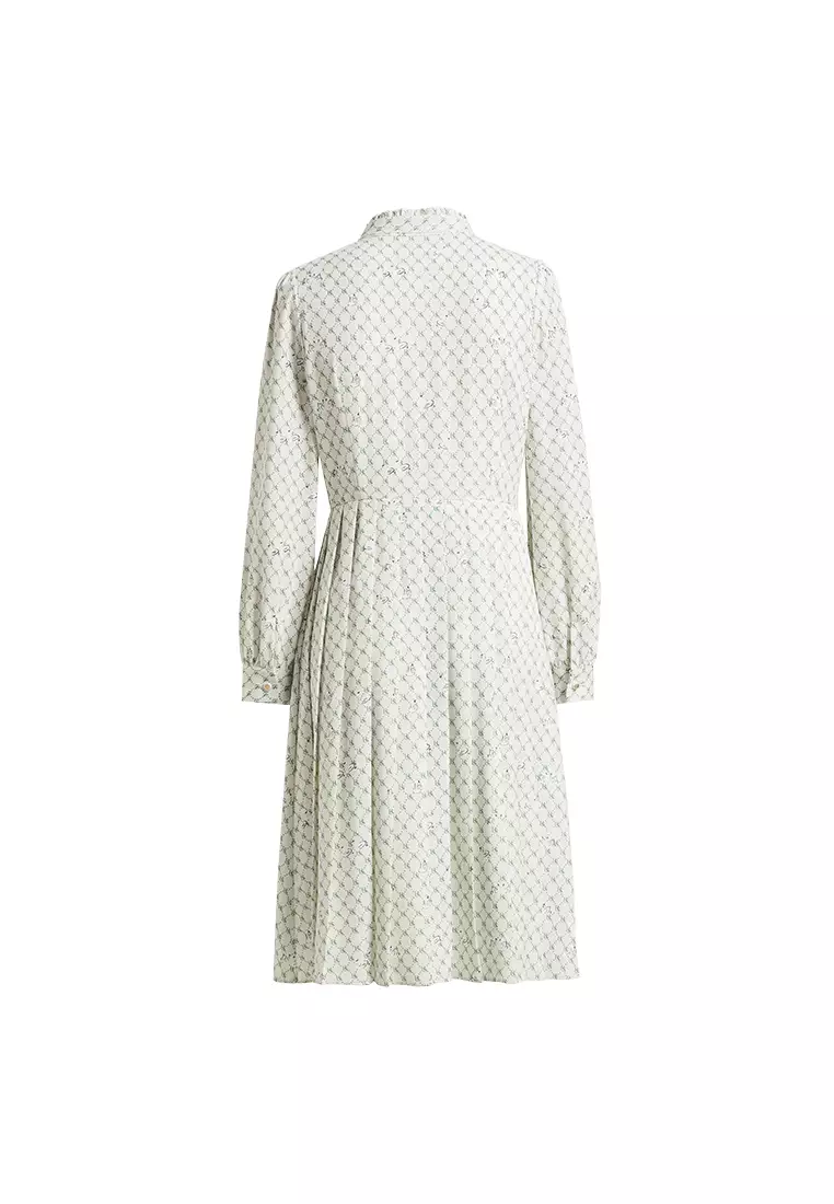 Long Sleeve Floral Midi Dress with Round Collar and Collar Tie