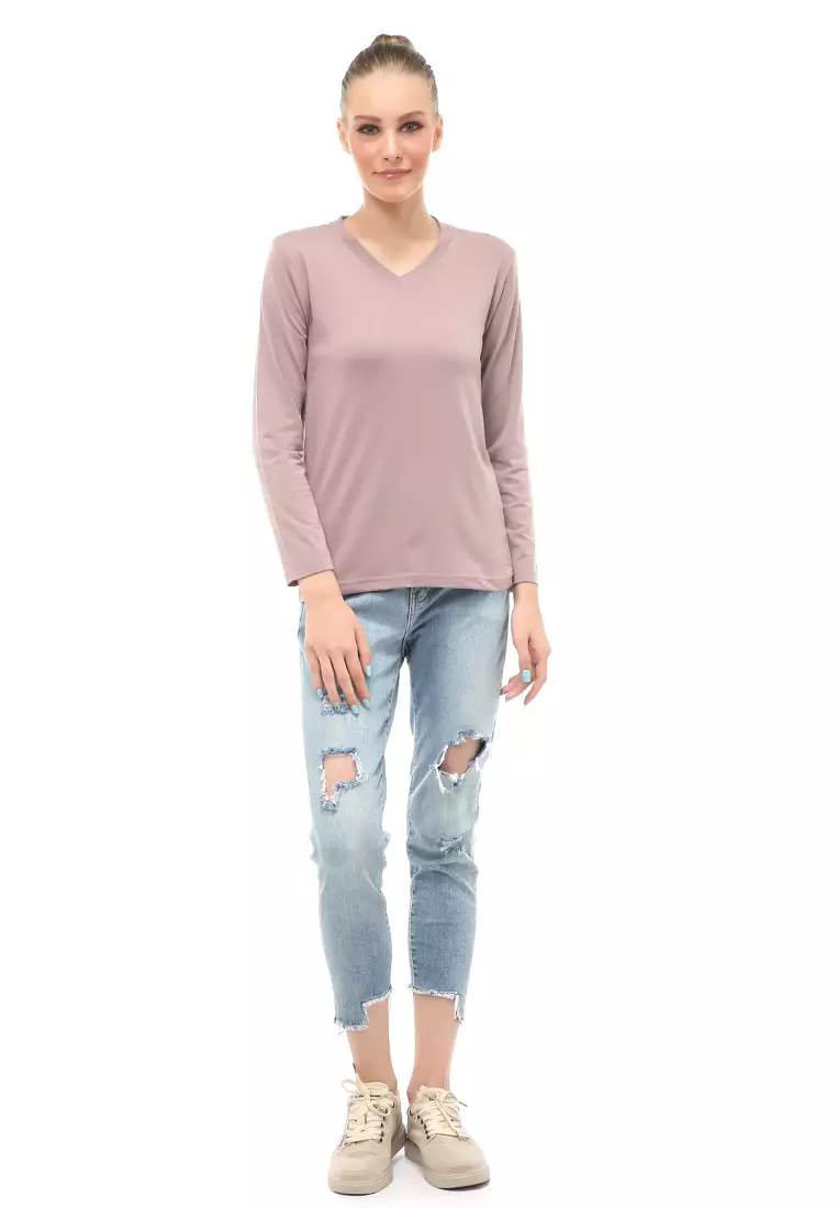 Kaos Polos Atasan Wanita V-Neck Lengan Panjang Design Simple Relaxed Fit - Mocca