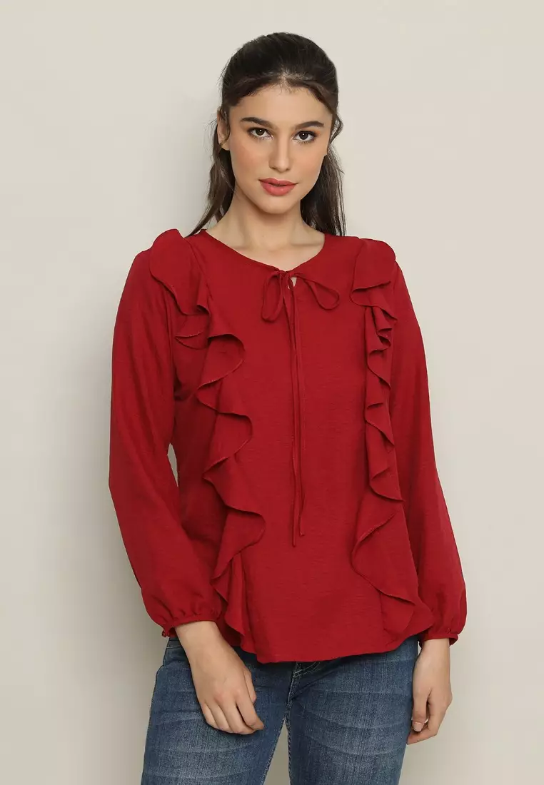 Jual FAME FAME - Ruffle Blouse Wanita Lengan Panjang Merah - 9211758  Original 2023 | ZALORA Indonesia ®