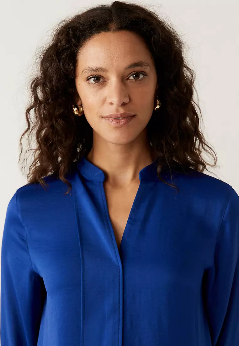 Satin V-Neck Long Sleeve Popover Blouse