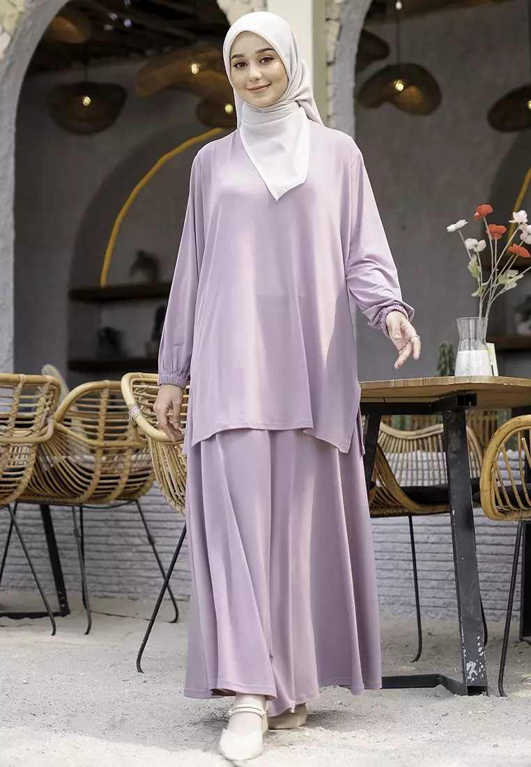 JV Hasanah Oneset Skirt Jersey Baju Kurung Lilac - Setelan Rok Jersey Baju Kurung Jumbo