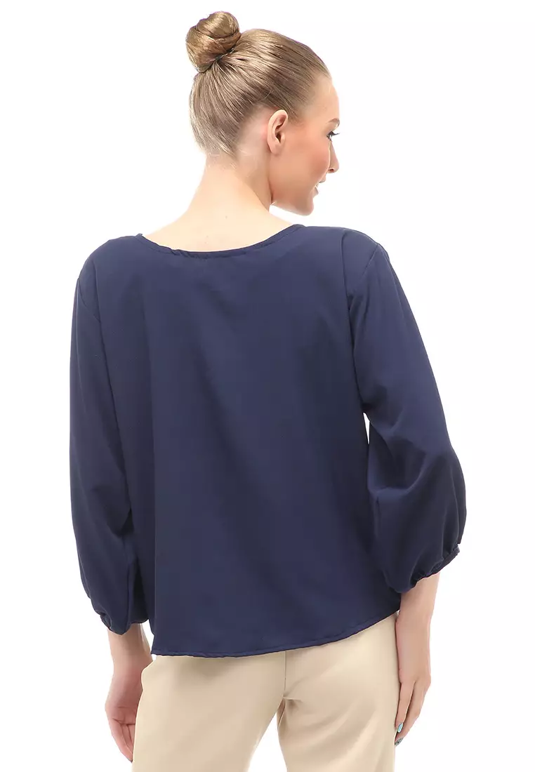 Blouse Lengan Balon Motif Solid Design Simple Regular Fit - Navy