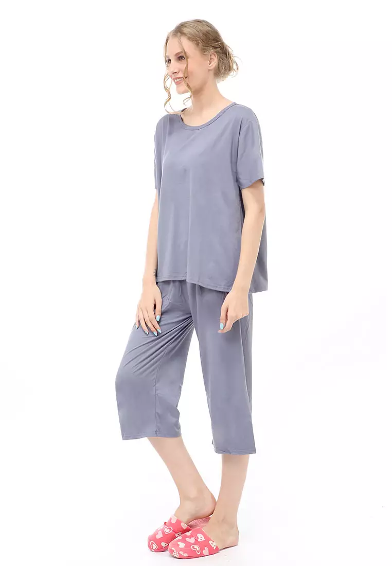 Vance Setelan Piyama Baju Tidur Wanita Celana Pendek 7/8 Material Spandex ORIGINAL - Gray