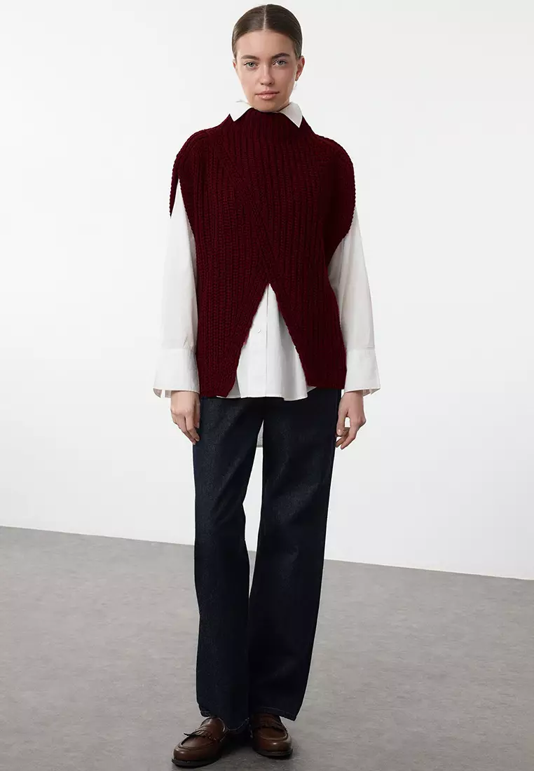 Burgundy Stand Collar Slit Knitwear Sweater