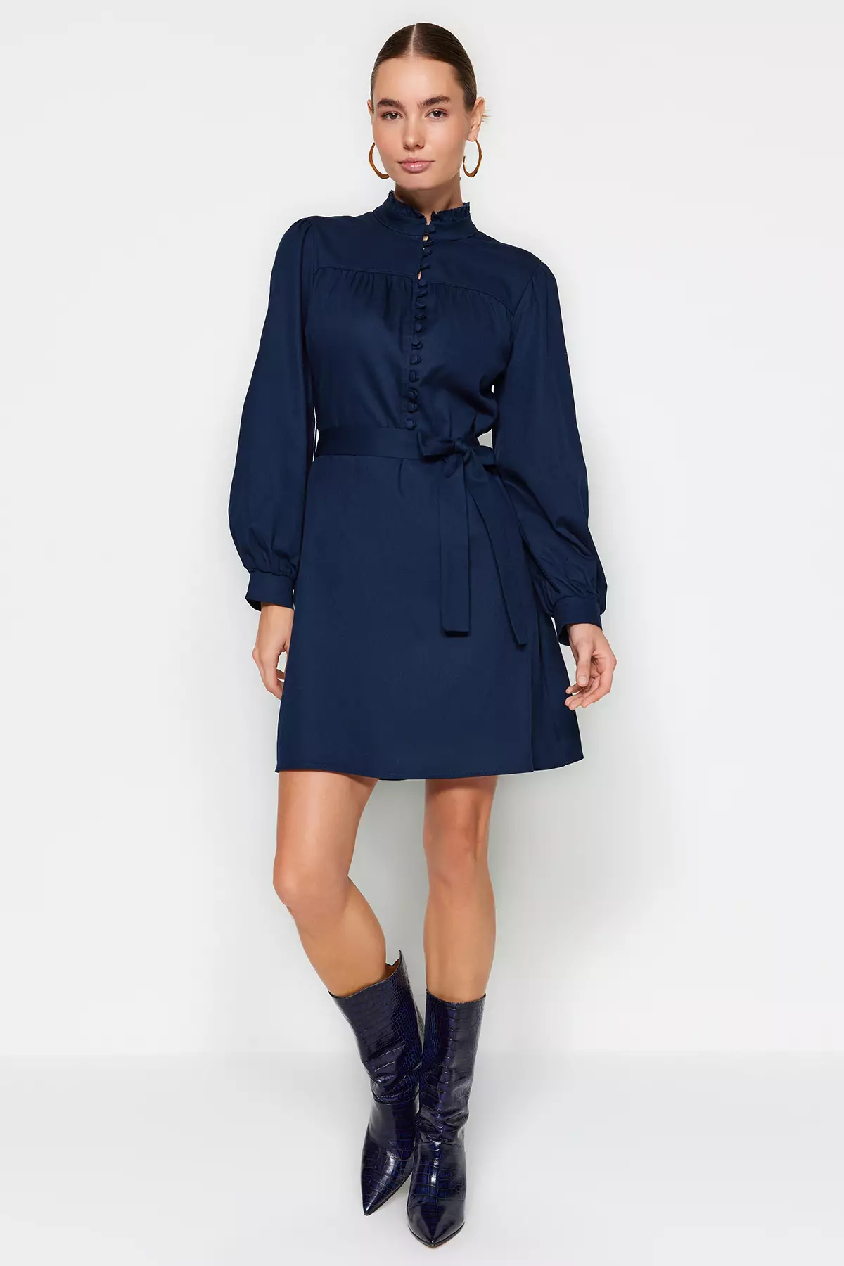 High Collar Woven Dress