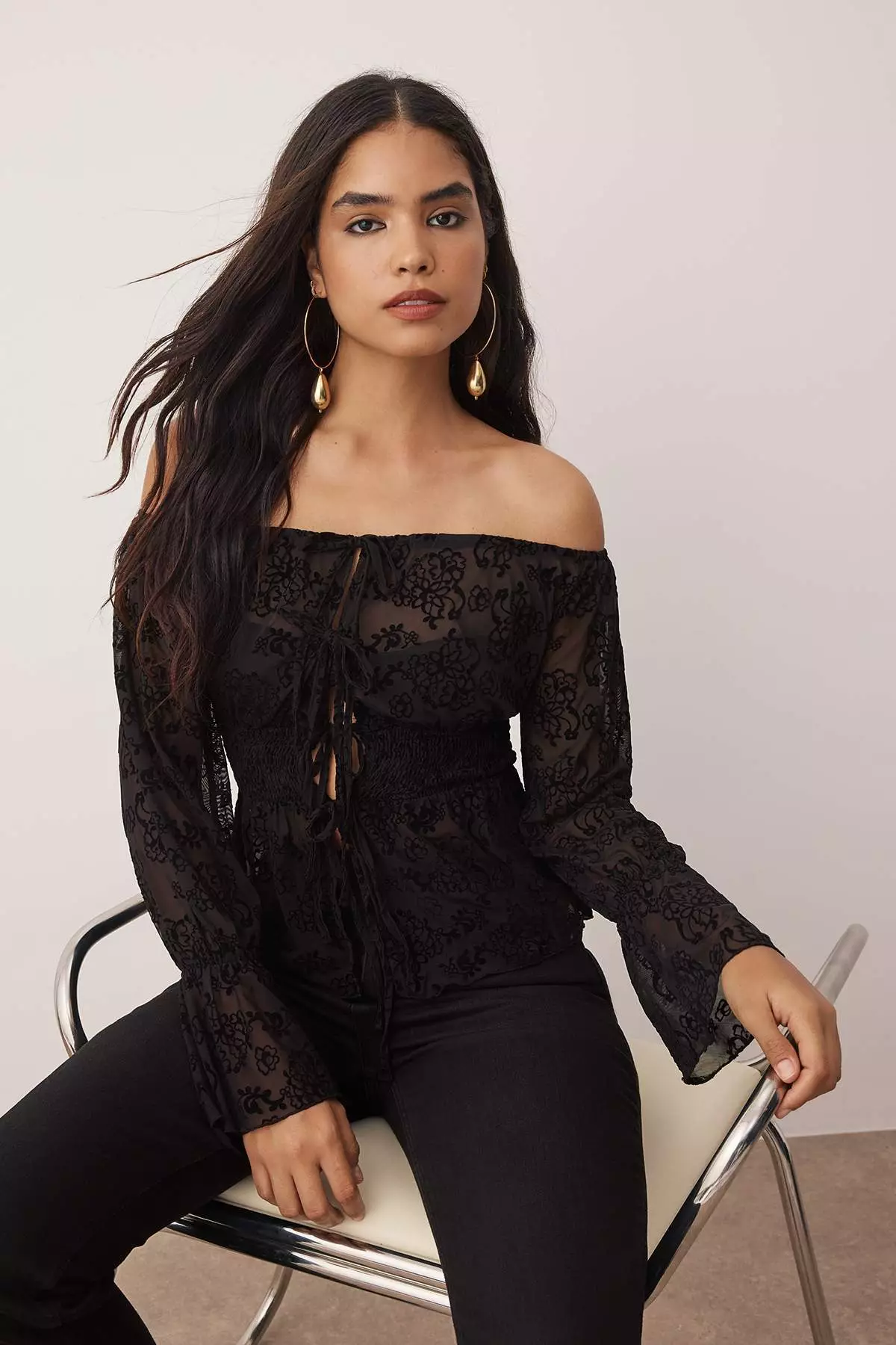 Black Floral Unlined Carmen Collar Tied Tulle Party Blouse Tpraw26Bz00014