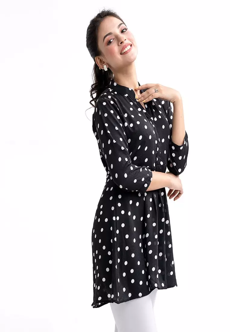 Le Reve 黑色波尔卡荷叶边风格乔其纱长袍