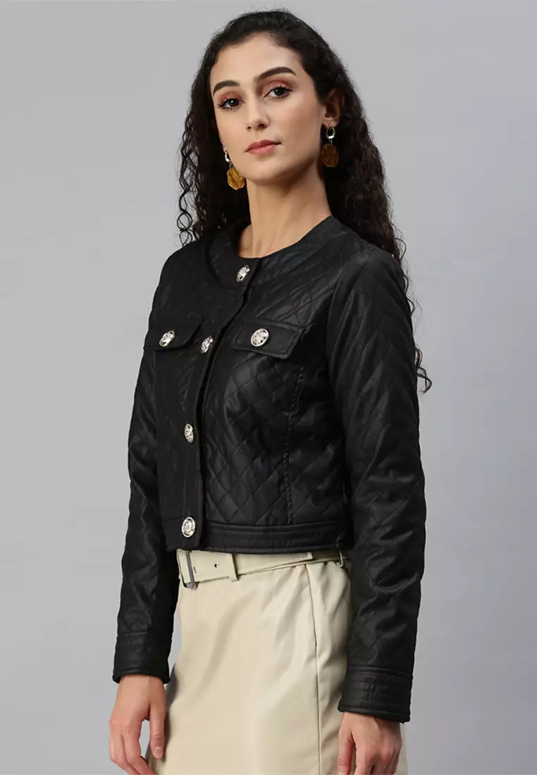 Quilted black leather on sale jacket