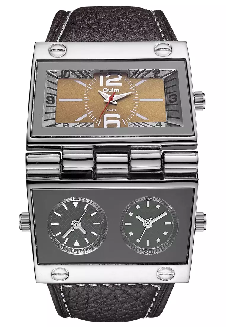 超大號男士石英腕錶 - 55x55 毫米 - 精鋼錶殼，棕色錶盤，黑色皮革錶帶