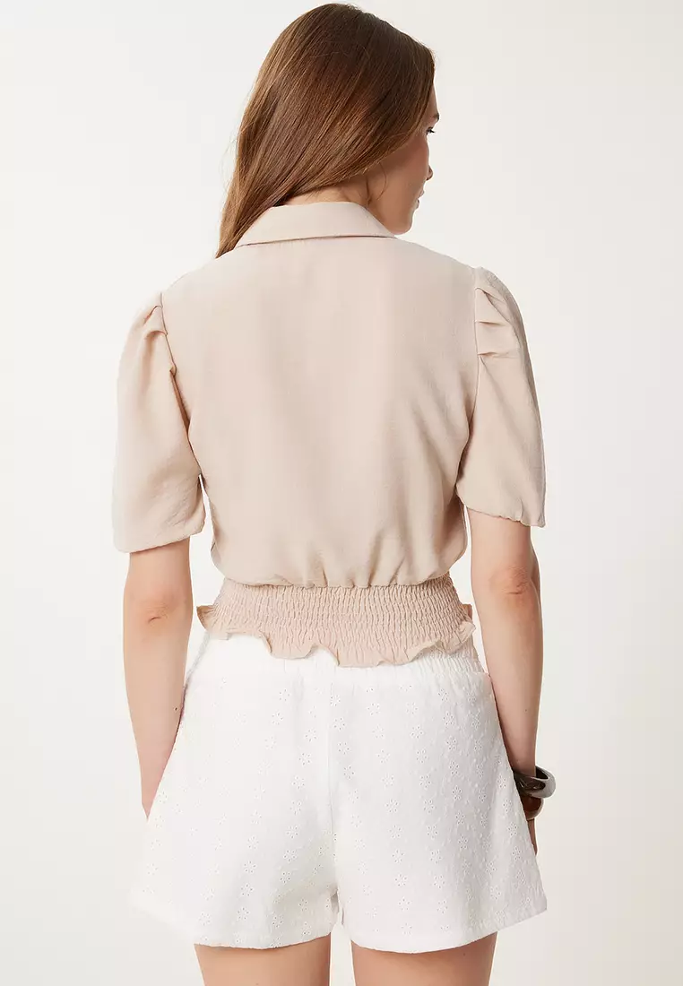 Women's Beige Balloon Sleeve Linen Crop Shirt Blouse Tp00081