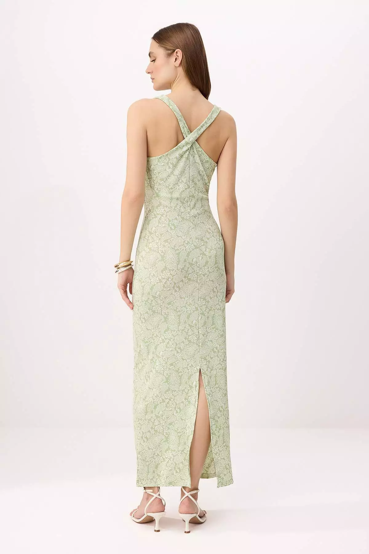 Green Floral Shift/Straight Thick Strap Pool Collar Sleeveless Stretch Knitted Dress Twoss26El472