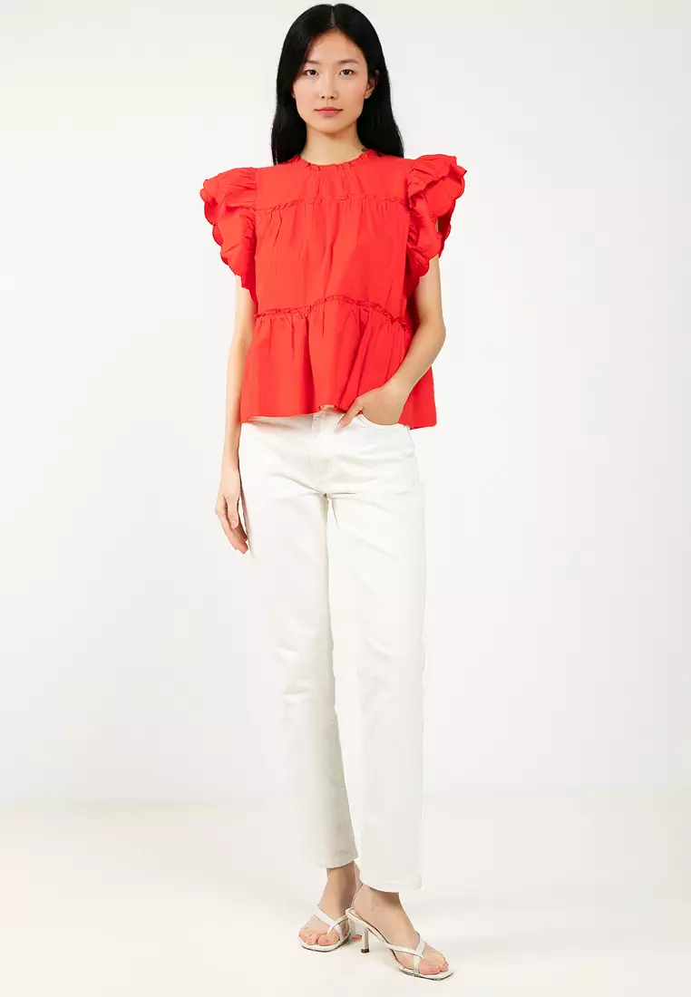 Sleeveless Crew Neck Frill Woven Top