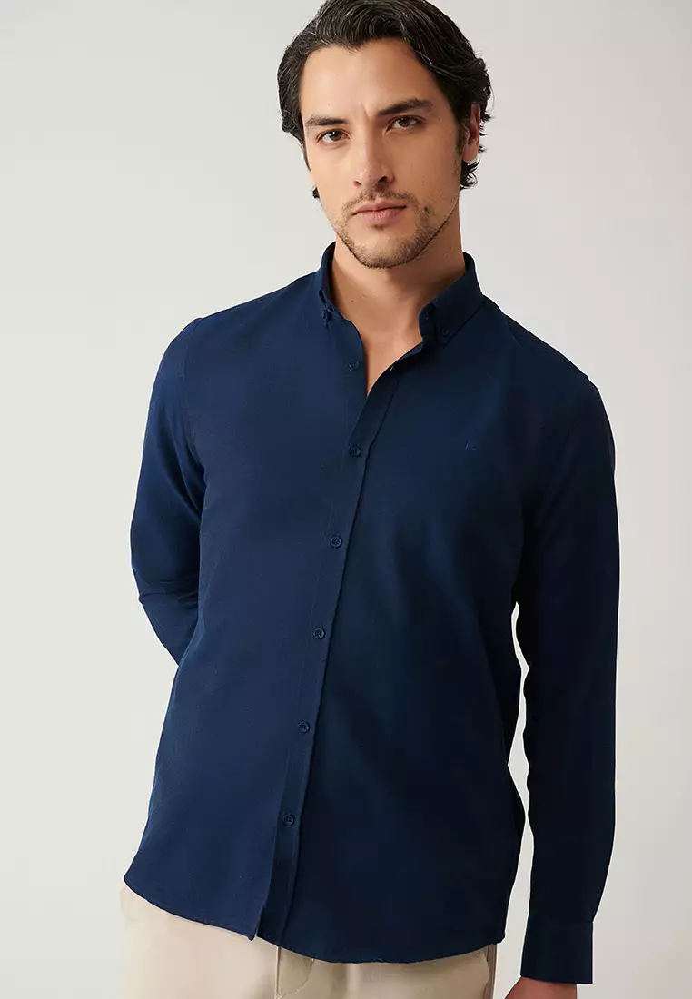 Men's Navy Blue Button-Down Collar Easy Iron Cotton Oxford Shirt E002000