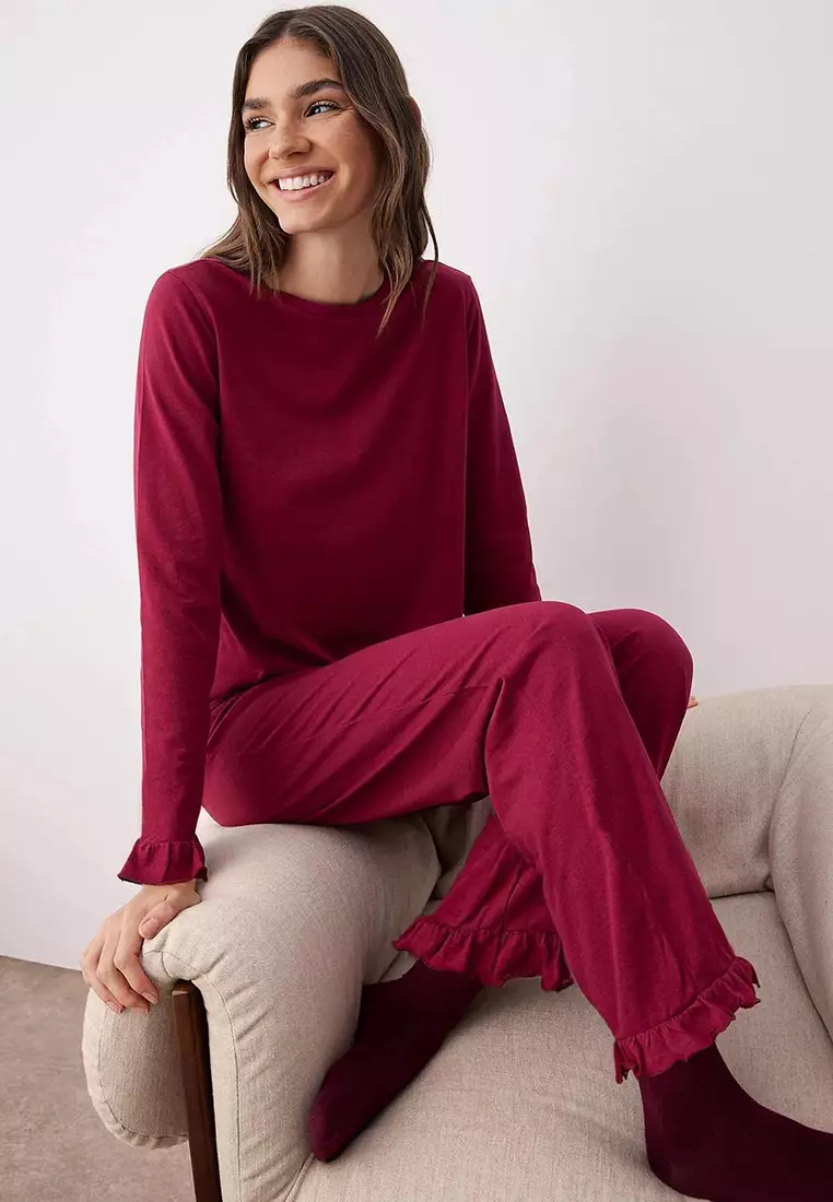Burgundy 100% Cotton Ruffle Knitted Pajama Set Thmaw26Pt00057