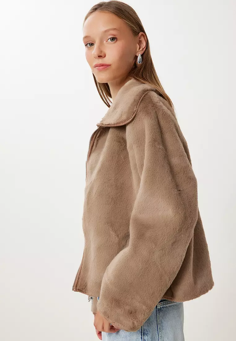 Women's Beige Brown Double Sided Polo Collar Jacket Kt00015