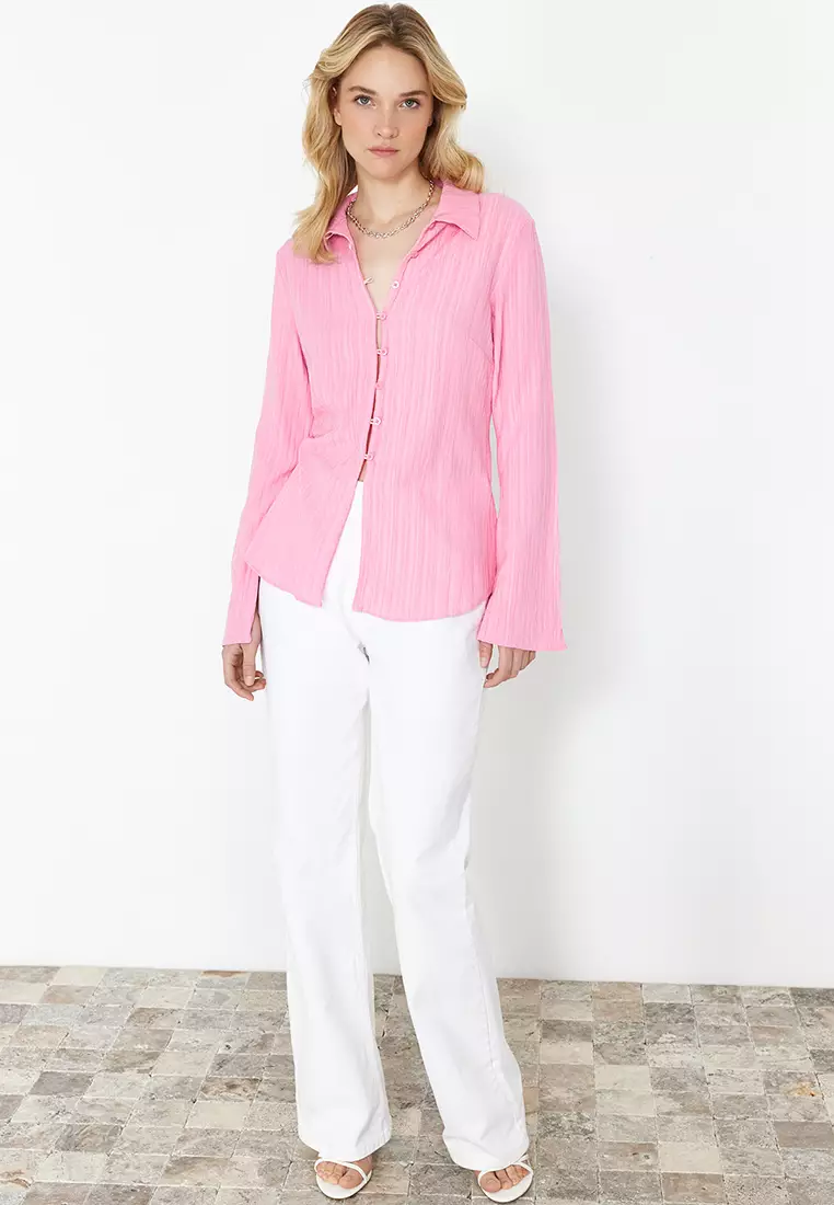 Light Pink Textured Fitted Woven Shirt