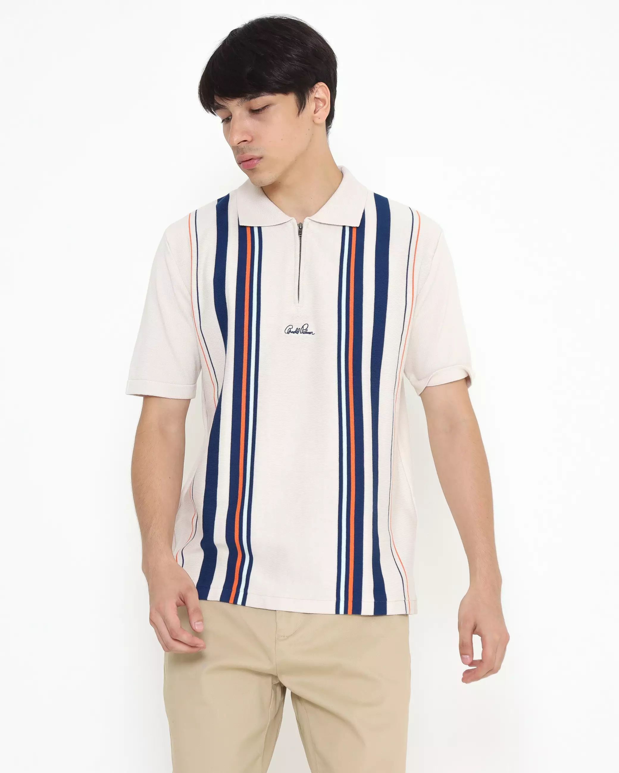SHORT SLEEVE KNITTED ZIPPER POLO SHIRT CREAM