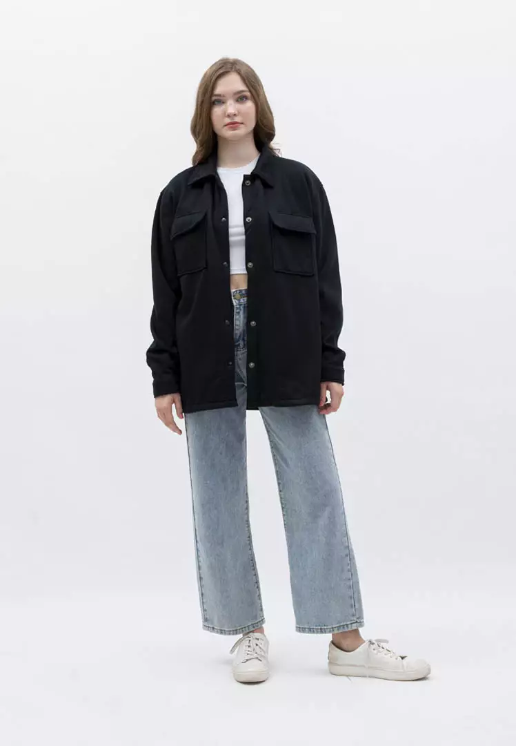 Houseofcuff Jaket Kemeja Casual Pria Wanita Unisex Soft Fleece Hitam