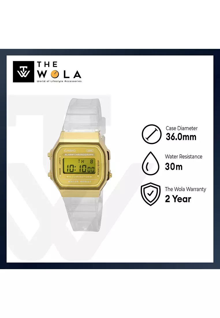 Vintage A168XESG-9A Unisex Gold Dial with White Transparent Resin Band Digital Watch