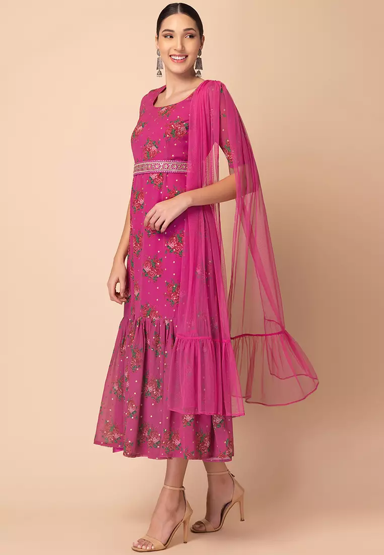 Hot Pink Foil Print Kurta With Attached Dupatta And Embroidered Belt