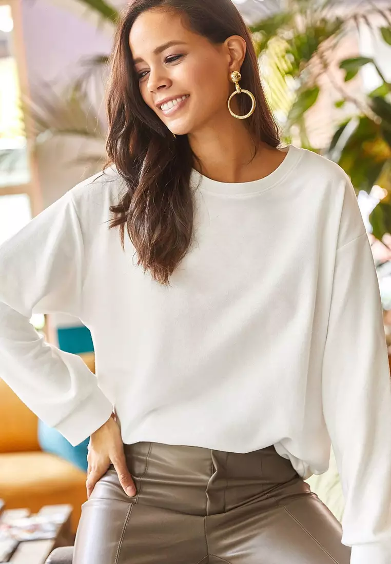 Stripe Basic Soft Textured Loose Sweatshirt