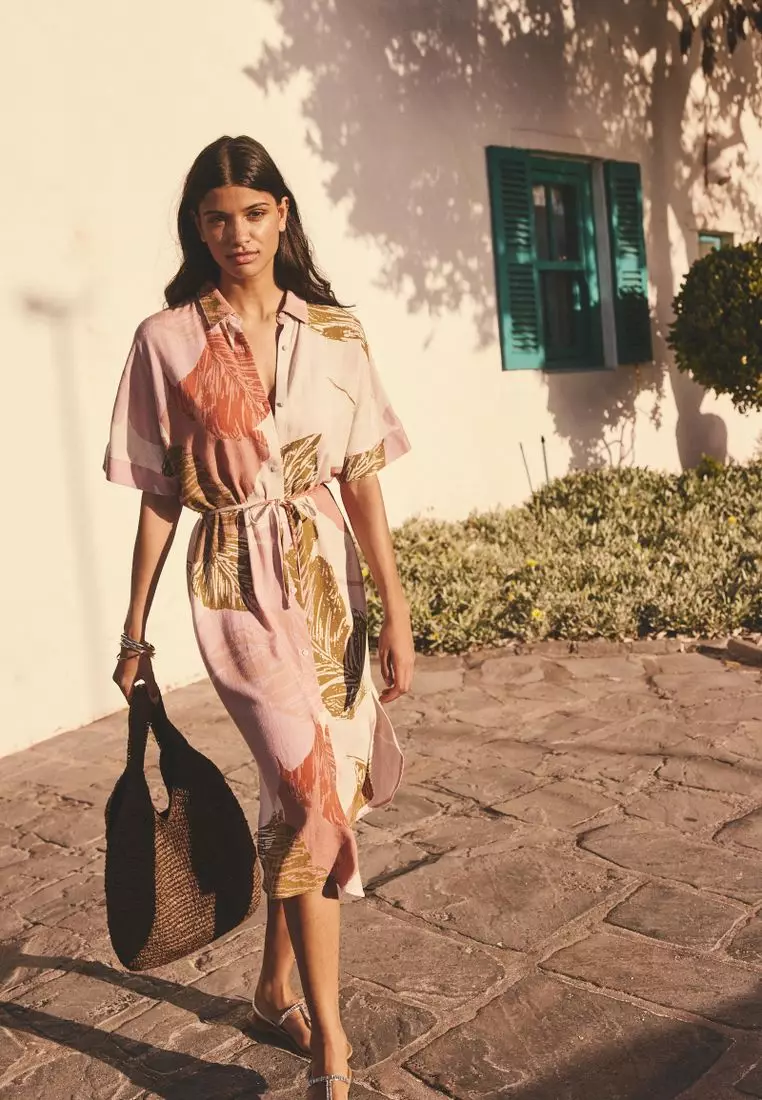 Short Sleeve Tie Waist Midi Shirt Dress with Linen