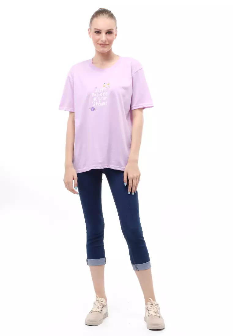 Heller Kaos Atasan Wanita Oversize Motif Print Short Sleeves Relaxed Fit - Lepen Lilac