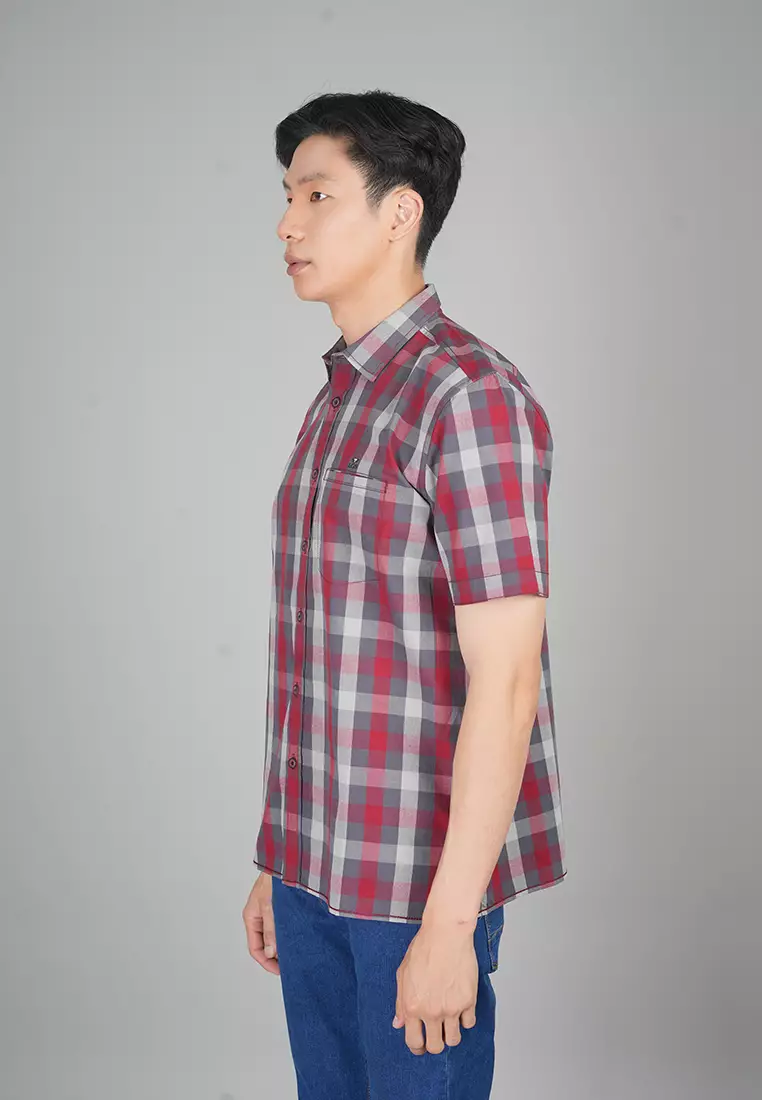 LGS - Regular Fit - Kemeja Casual Pria - Lengan Pendek - Motif Kotak-kotak - Merah - CSH.270.S730.1276.C