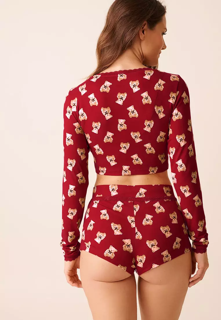 Teddy Bear Print Super Soft Long Sleeve Crop Top