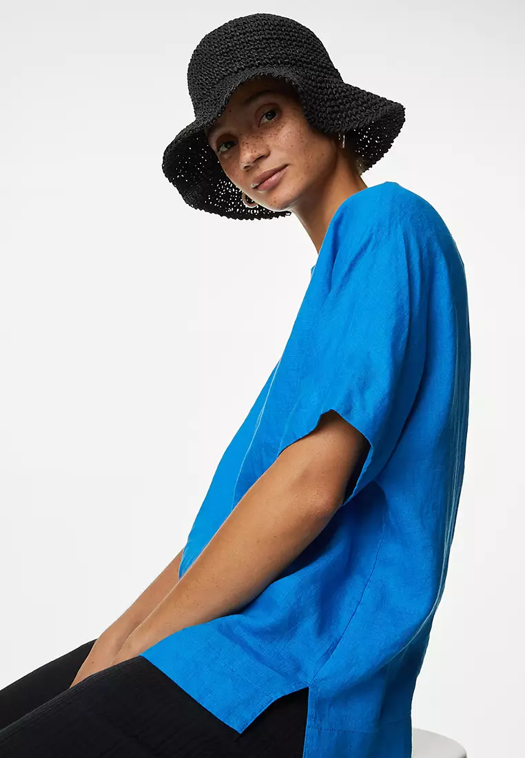 Pure Linen Round Neck Relaxed Blouse