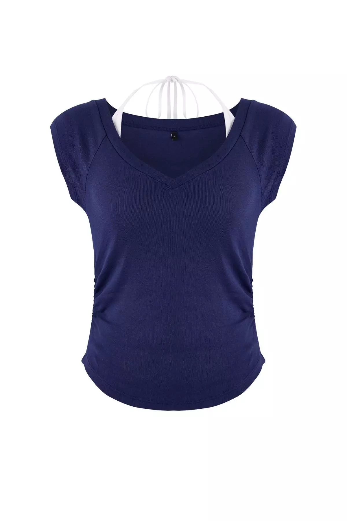 Navy Blue Body-Fitting Double Look V-Neck Short-Sleeved Cotton Rib Knitted Blouse Twoss26Bz11